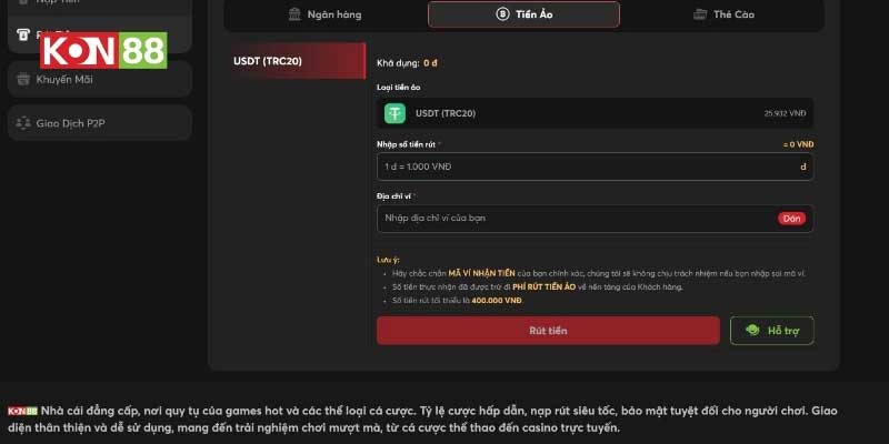 Cách rút tiền KONG88  bằng tiền ảo USDT