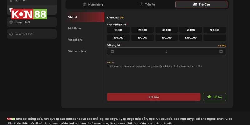 Các bước rút tiền KONG88  bằng thẻ cào